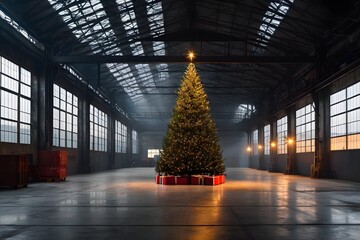 Alte dunkle Industriehalle mit beleutetem Weihnachtsbaum - KI generiert - obrazy, fototapety, plakaty