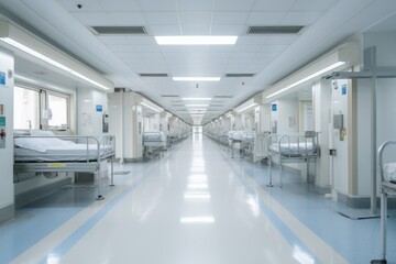 A long hospital corridor with rows of surgical beds