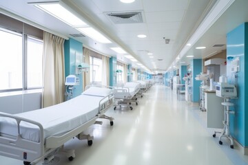 Naklejka na ściany i meble A long hospital corridor with rows of surgical beds