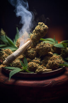 Pre-Roll cannabis joints with cannabis buds in a plate on wooden table. Dark background.