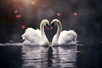 Two white swans with heart on dark background. Love concept.