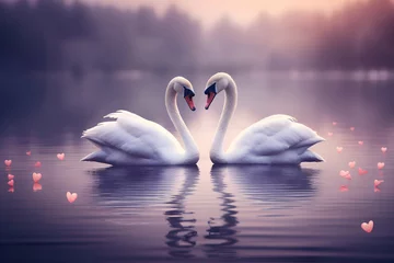 Sierkussen Two white swans swimming on the lake with hearts in the background © Wazir Design