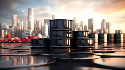 black oil barrels against with oil refinery blurred background
