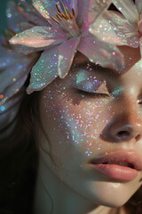 closeup of woman's eye with skin covered in sparkly silver glitter makeup wearing lily flower crown in brunette hair