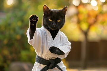 A cute black cat in a white kimono karate uniform takes an exercise pose.