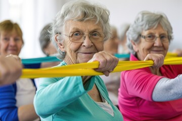 Seniors doing exercise seated with exercise bands - obrazy, fototapety, plakaty