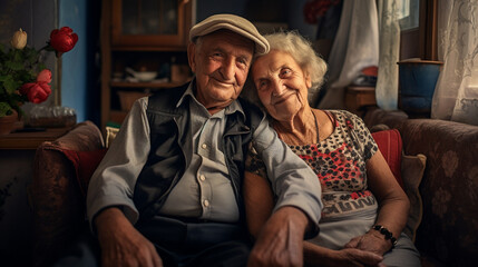 Old elderly couple happily married sit and smile on a couch together - obrazy, fototapety, plakaty