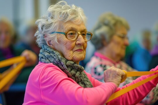 Seniors Doing Exercise Seated With Exercise Bands