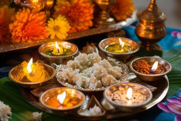 Obraz na płótnie Canvas Traditional Diwali Puja Thali, Diwali, symbols