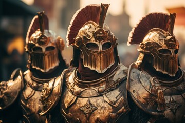 knights in armor on a stand in a crowd, in the style of cinematic mood, dark gold and brown. Gladiator, Roman legionnaire. intense close-ups. Ready to fight.