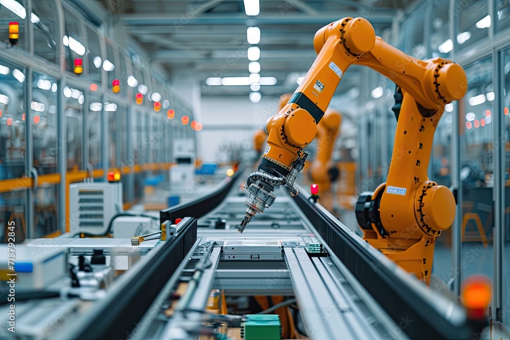 Fototapete Robotic arm for electronic assembly line. Smart modern factory automation using advanced machines.