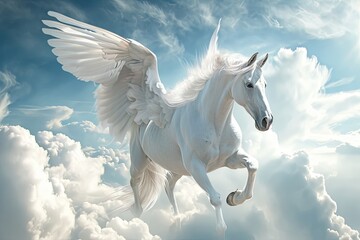 Majestic white Pegasus horse flying high above the clouds.