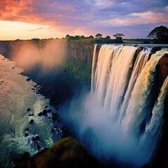 
Victoria Falls: Zambia and Zimbabwe This landscape is unsurprisingly one of the top places to visit in Africa. Nestled between Zambia and Zimbabwe on the Zambezi River - obrazy, fototapety, plakaty