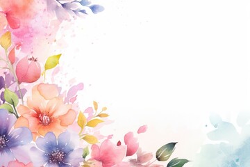 Spring may flower banner with watercolor painted frame of decorative ornament blossom patterns over white background symbolized beauty femininity mockup, may, colorful mother's day copy space for text