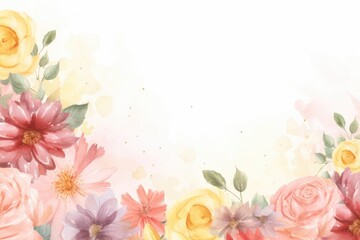Fototapeta na wymiar Spring may flower banner with watercolor painted frame of decorative ornament blossom patterns over white background symbolized beauty femininity mockup, may, colorful mother's day copy space for text