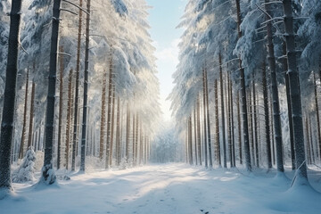 Fototapeta na wymiar Coniferous forests in Europe covered in white snow