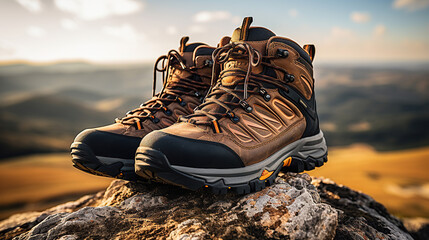 Durable Hiking Boots with Trekking Poles Leaning Against a Rocky Terrain. - obrazy, fototapety, plakaty