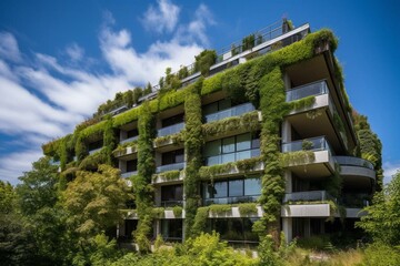 Environmentally friendly building with lush foliage and sustainable energy. Generative AI