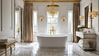 Obraz na płótnie Canvas A luxurious bathroom with a freestanding bathtub and gold accents. AI Generativ