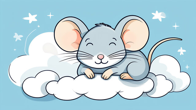 little mouse sleeping on a cloud blue sky with stars