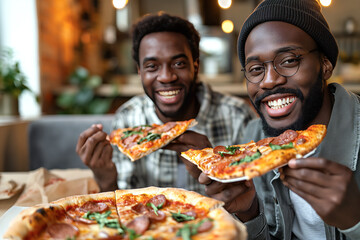 Happy African American friends eating pizza while sitting in a cafe