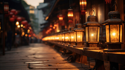 Fototapeta na wymiar Lantern-style Streetlights in a Traditional Market Alley.