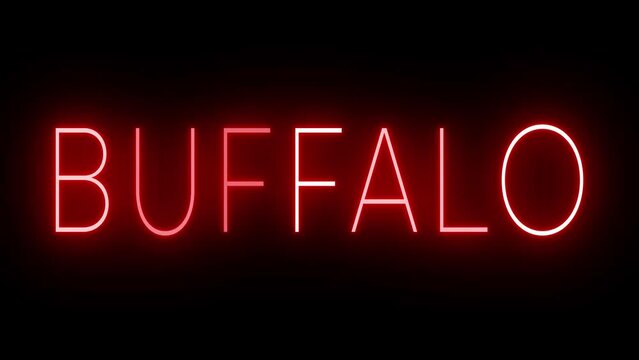 Flickering red retro style neon sign glowing against a black background for BUFFALO