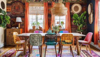 Fototapeta na wymiar A colorful, boho-inspired dining room with mismatched chairs and tapestry wall hangings. AI Generativ