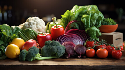 Fresh fruits and vegetables, arranged aesthetically on a wooden table, perfect for food blogs and nutrition websites.