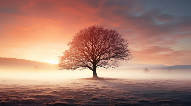 Lone Tree on a Misty Morning Field, Backlit by the Rising Sun. © sitimutliatul