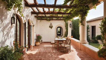 Fototapeta na wymiar A Mediterranean villa with a terracotta courtyard and vine-covered pergola. AI Generativ