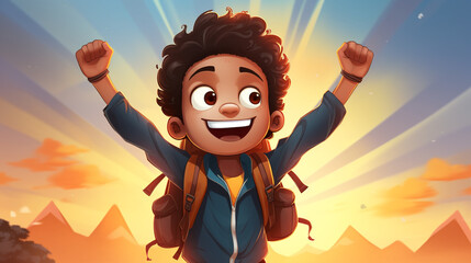
An engaging and vibrant illustration of a happy boy student, donning a backpack and flashing a cheerful smile. - obrazy, fototapety, plakaty