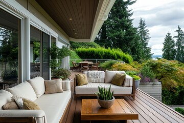 Trendy outdoor terrace, cozy patio with furniture - obrazy, fototapety, plakaty