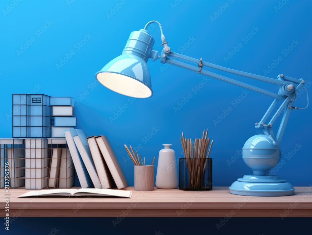 Poster a desk with a lamp and books on it. generative ai.