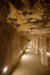 Obraz premium View to the inside of the step pyramid of king Djoser from 3rd Dynasty with white columns in the middle. Saqqara, Egypt