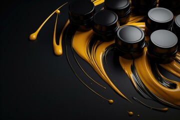 Oil bottles with black and gold paint on a black background. Generative AI.