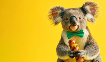 Cute Koala at BBQ party celebrating Australia day. Space for greeting text.