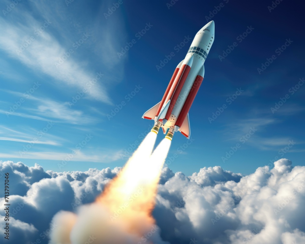Poster a rocket is taking off into the sky. generative ai.