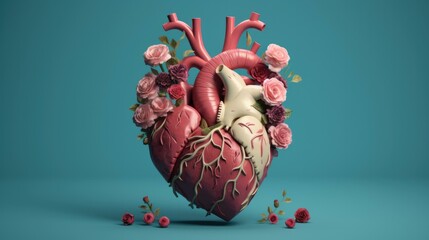 A human heart with flowers on a blue background. Generative AI. - obrazy, fototapety, plakaty