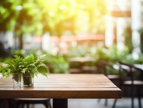 Modern cozy outdoor restaurant with green plants, blurred background with wooden table for product and text placement
