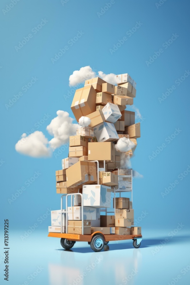 Poster a cart with many boxes on it and a cloud in the sky. generative ai.