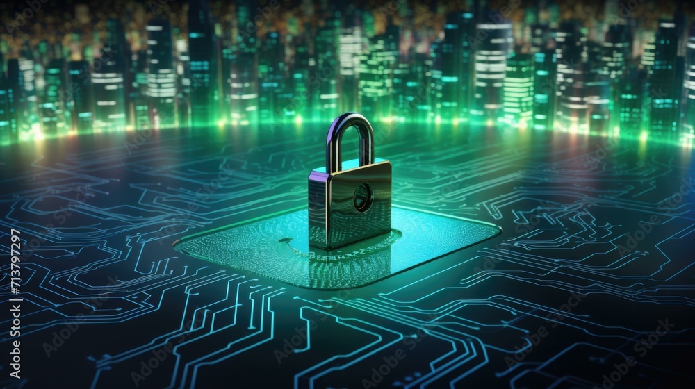 Poster cyber security concept with padlock on circuit board with city lights background. generative ai.