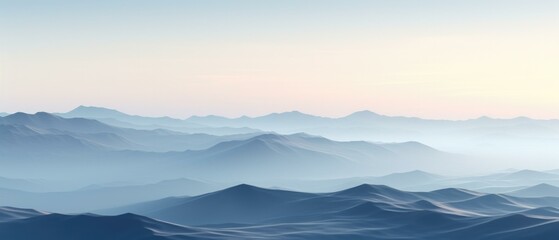 A mountain range with a blue sky and fog. Generative AI.