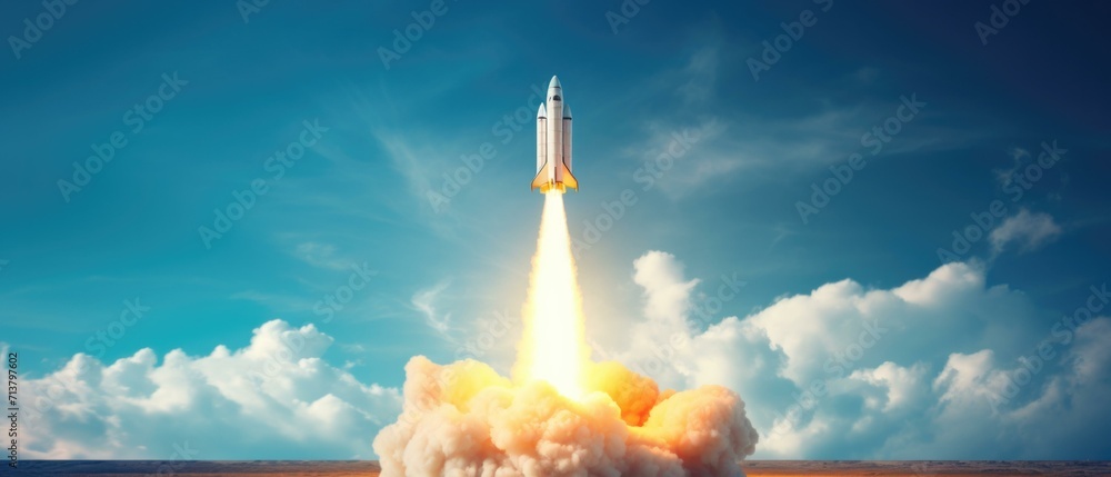 Poster a rocket is taking off from the ground. generative ai.