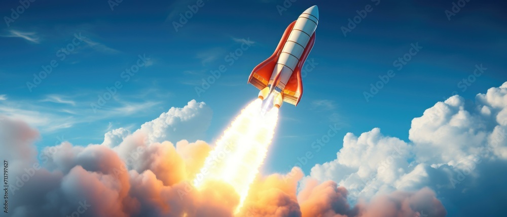 Poster a rocket is taking off into the sky. generative ai.