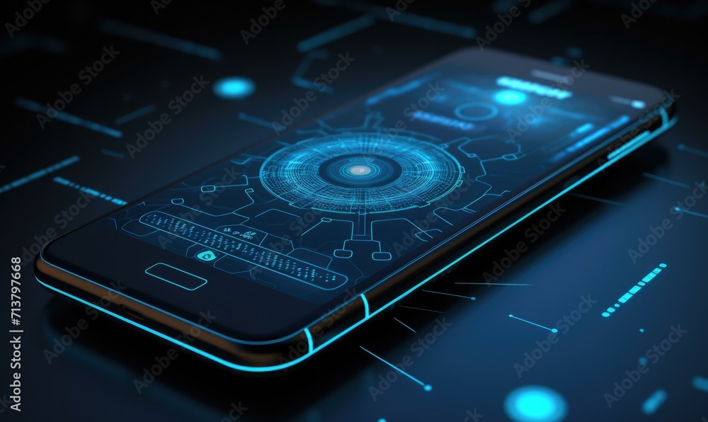Poster smartphone with futuristic interface on screen. generative ai.
