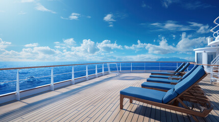 Luxury Cruise Ship Deck with Lounge Chairs and Ocean Horizon.