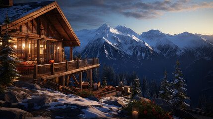 Mountain Lodge Overlooking Snow-Capped Peaks at Dawn. - obrazy, fototapety, plakaty