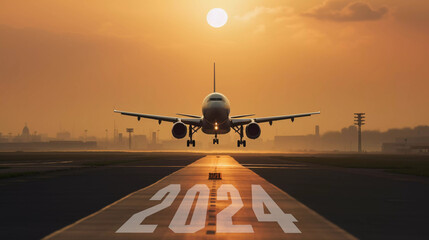 Airplane taking off with 2024 lettering on runway.new year challenge concept.