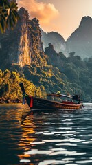 Idyllic Thai Landscape with Traditional Longtail Boat